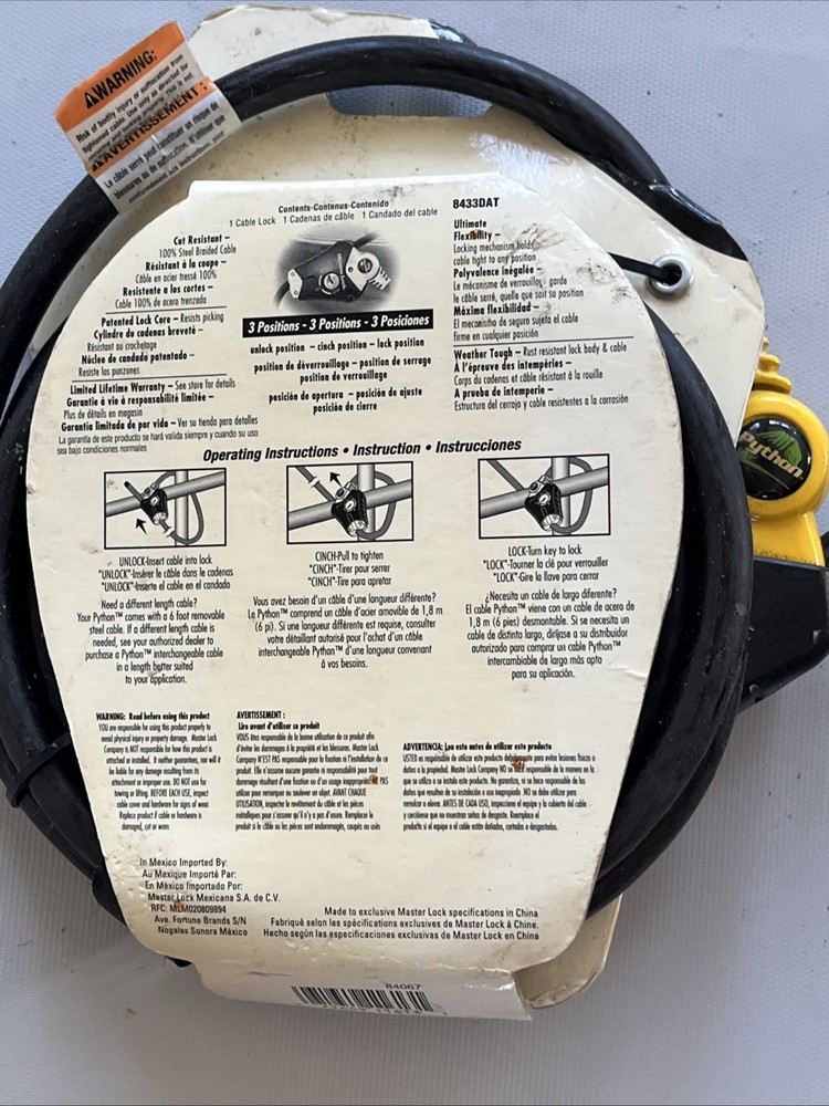 (Qty 2) Master 6' Lock Black Python Cable Lock Key Trail Camera Bikes #3210 LOT