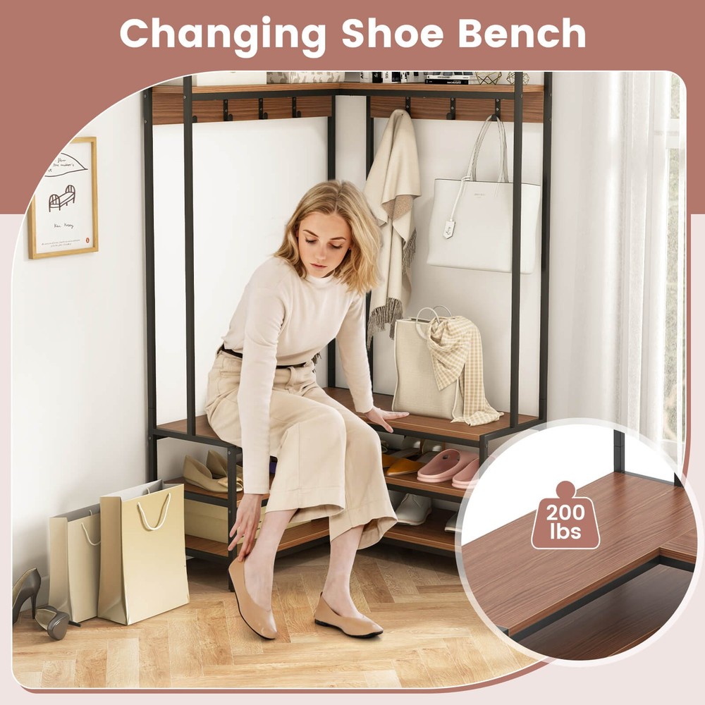 Corner Garment Rack w/ Open Shelves & 7 Hooks Shoe Bench Solid Metal Frame