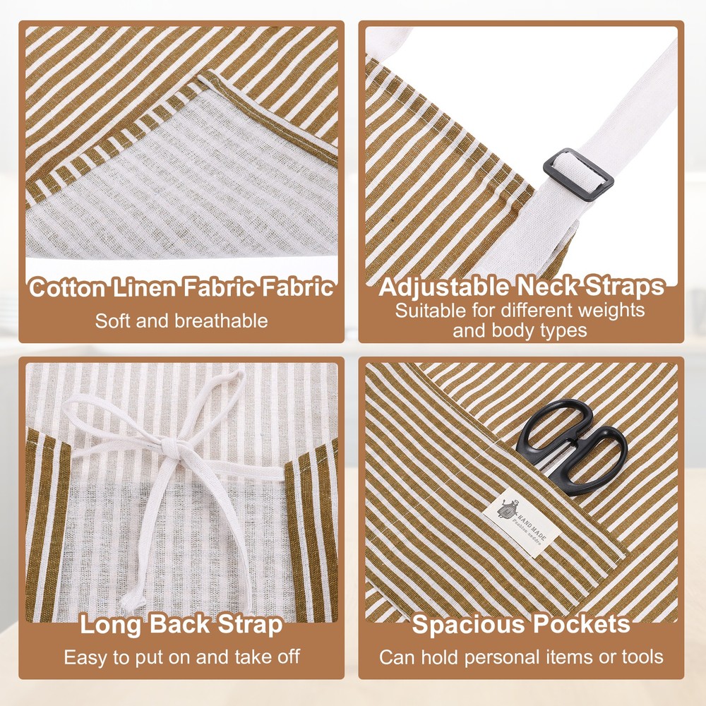 2Pcs Kitchen Cooking Aprons, Striped Neck Strap Apron with Pocket, Coffee