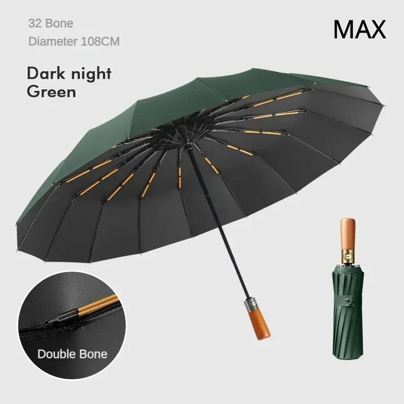 Automatic Folding Umbrella 32 Bone Windproof Wooden Handle Business Use Men