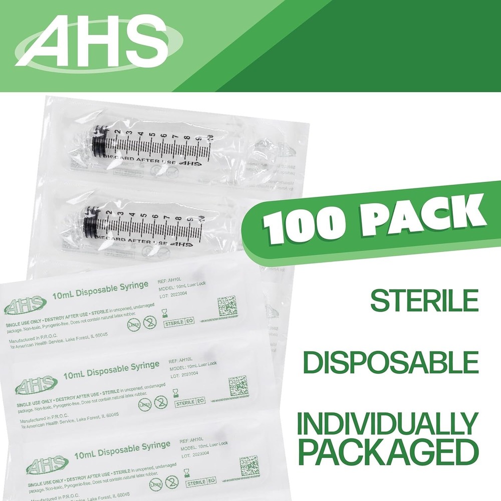 AHS 10ml (10cc) Luer Lock Syringe, Sterile, 100/Box