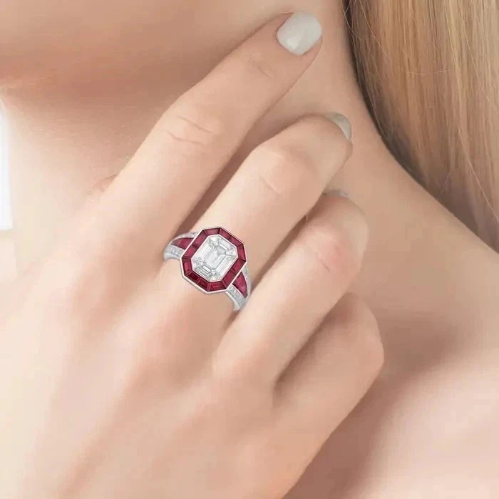 Art Deco Style Lab Created Diamond & Ruby 14K White Gold Finish Engagement Ring