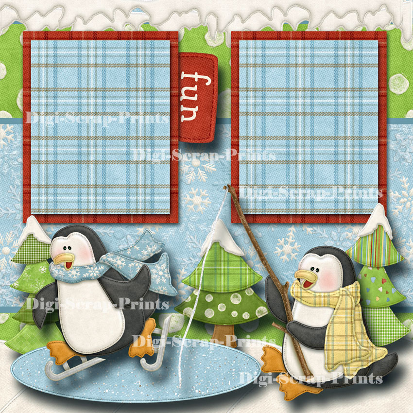 WINTER SNOW ~ 2 premade scrapbook pages paper piecing layout for ablum DIGISCRAP