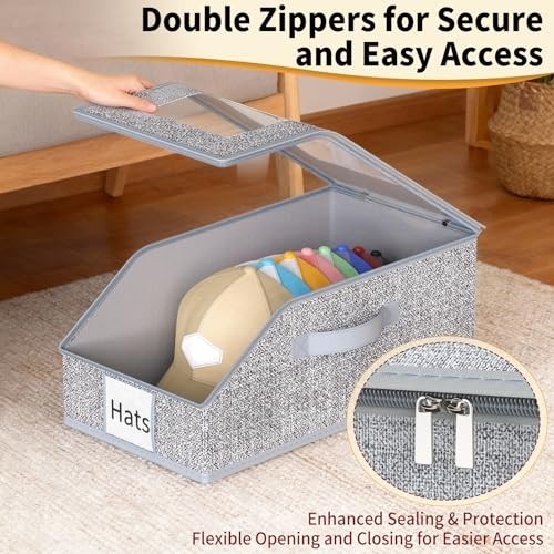 3 Pack Stackable Baseball Cap Organizer with Clear Lid - Foldable Hat Storage Bo