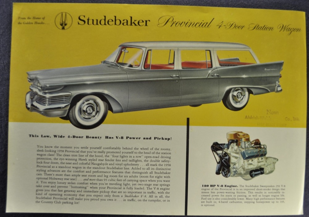 1958 Studebaker Provincial Station Wagon Brochure Sheet Excellent Original 58
