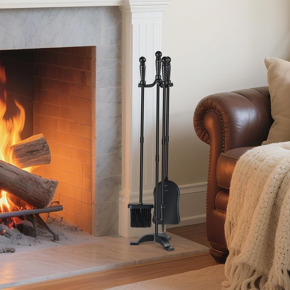Durable Cast Iron Fire Tools with Stand - Complete Fireplace Tool Set for Homes