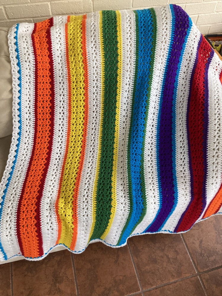 NEW-handmade afghan crocheted blanket Throw White, Multicolor Stripe Approx62x47