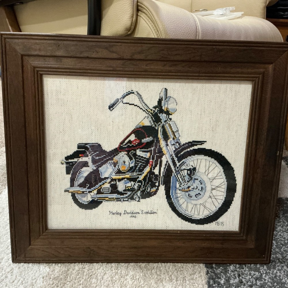 Completed Framed Cross Stitch HARLEY DAVIDSON EVOLUTION 1990