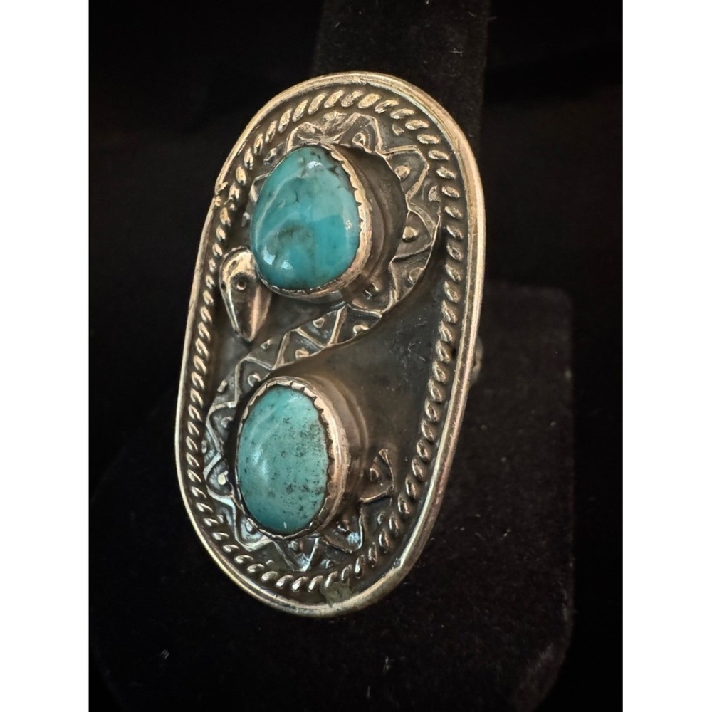 Sterling Silver Double Turquoise Statement Ring - Turquoise Blue native design