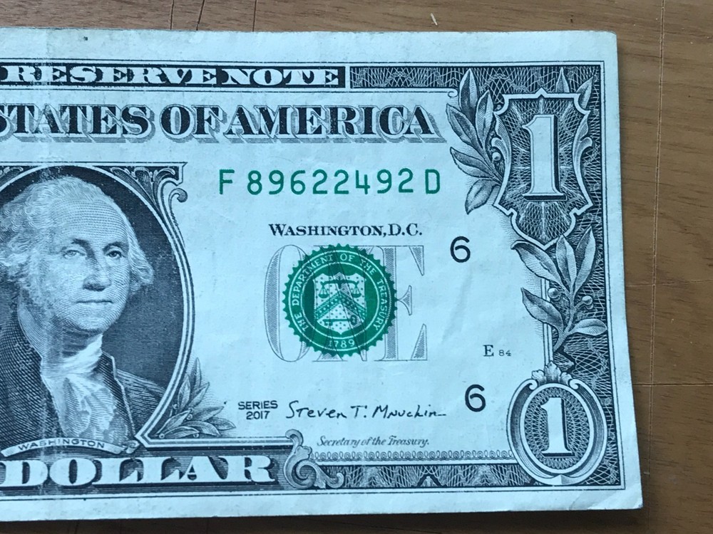 Miscut 2017 Washington One Dollar Bill Error Note - Misaligned Print $1