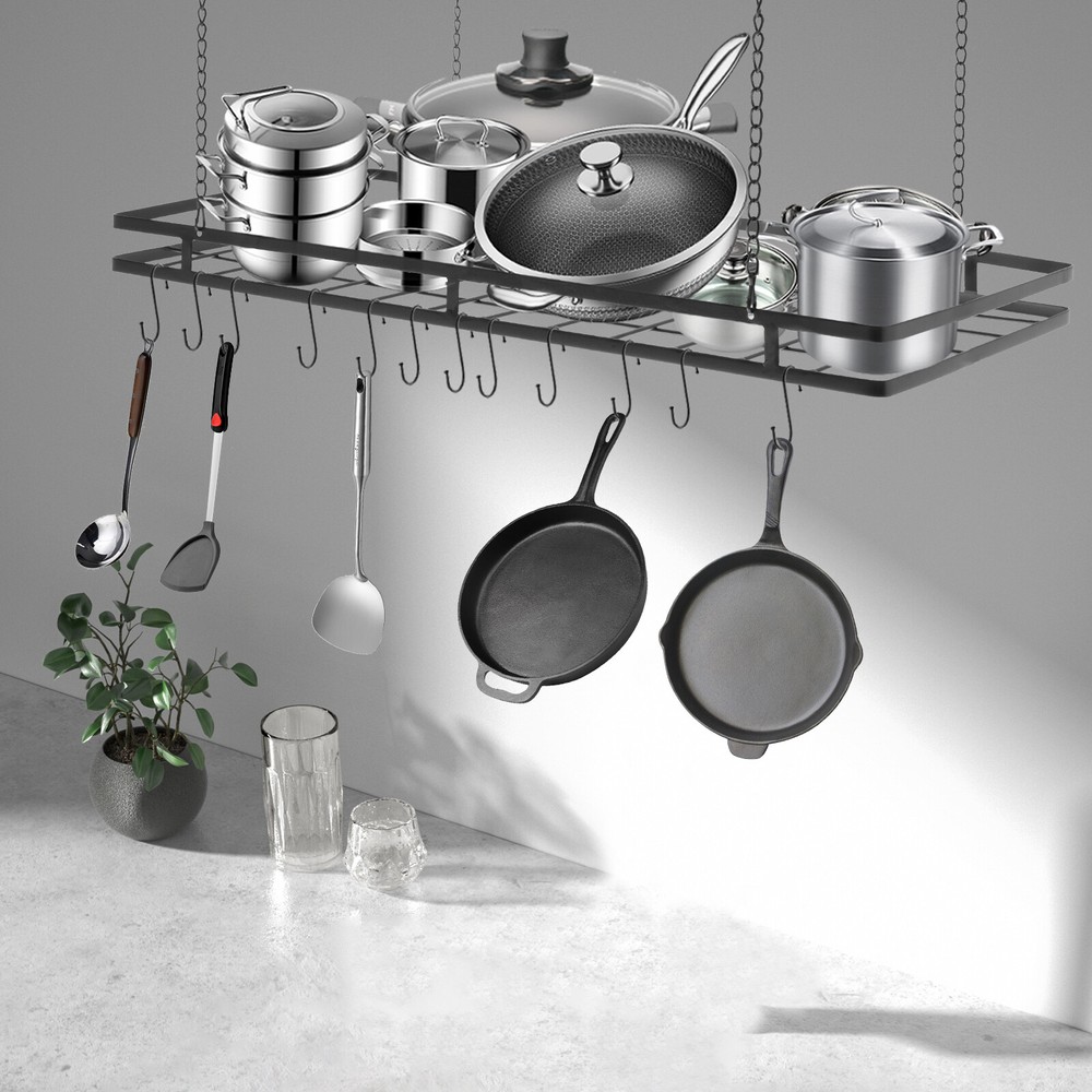 Modern Hanging Pot Holder Pan Hanger Kitchen Ceiling Rack with 12 Hooks Black