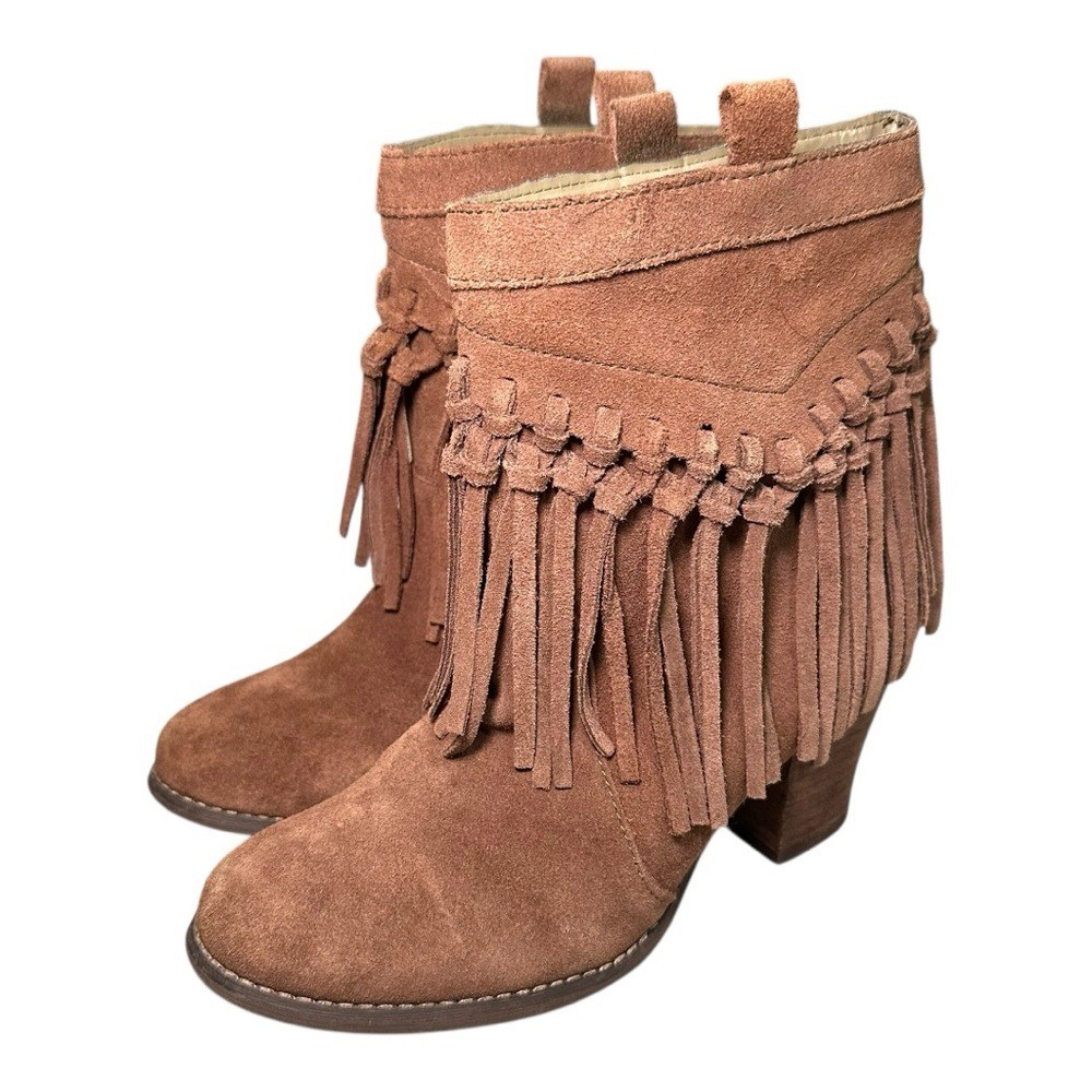 Sbicca Leather Fringe Western Booties Tan Suede Lined Pull-On Boot Size 7.5