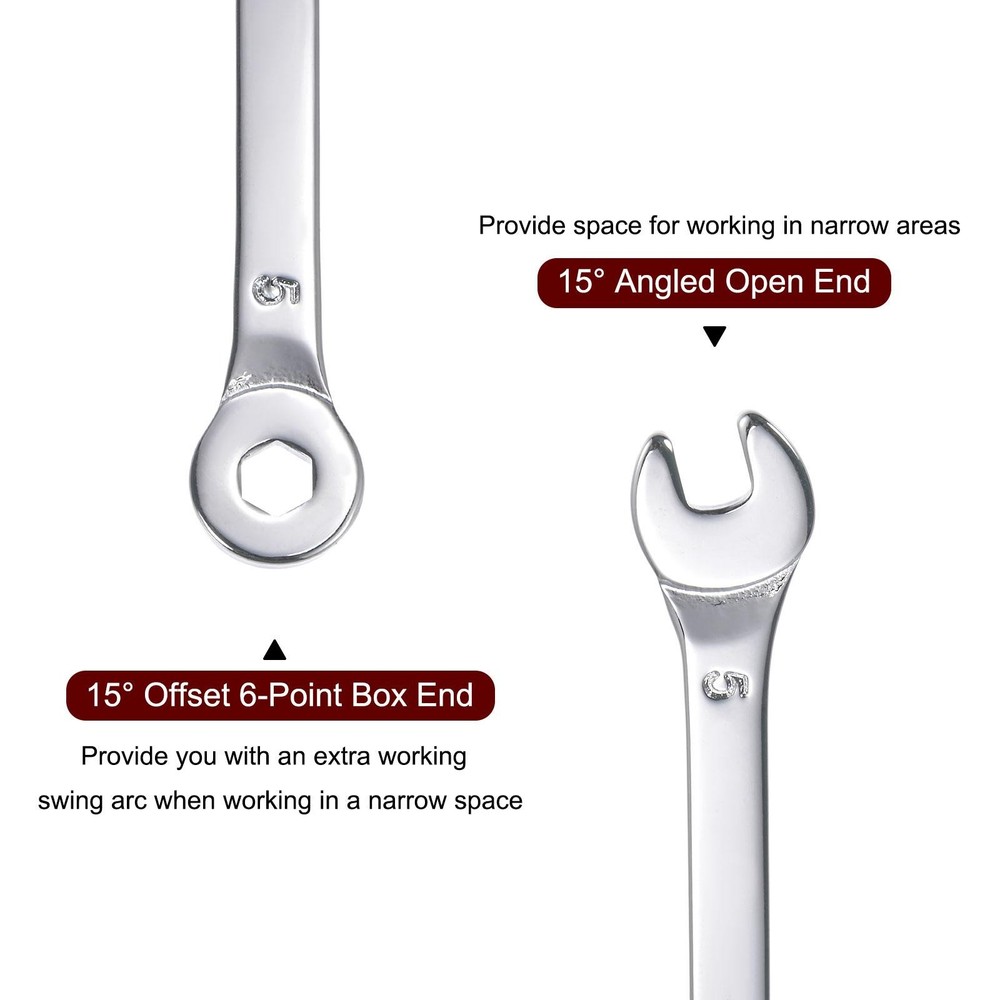 Thin Combination Wrench with Offset 6-Point End and Angled Open End 5mm