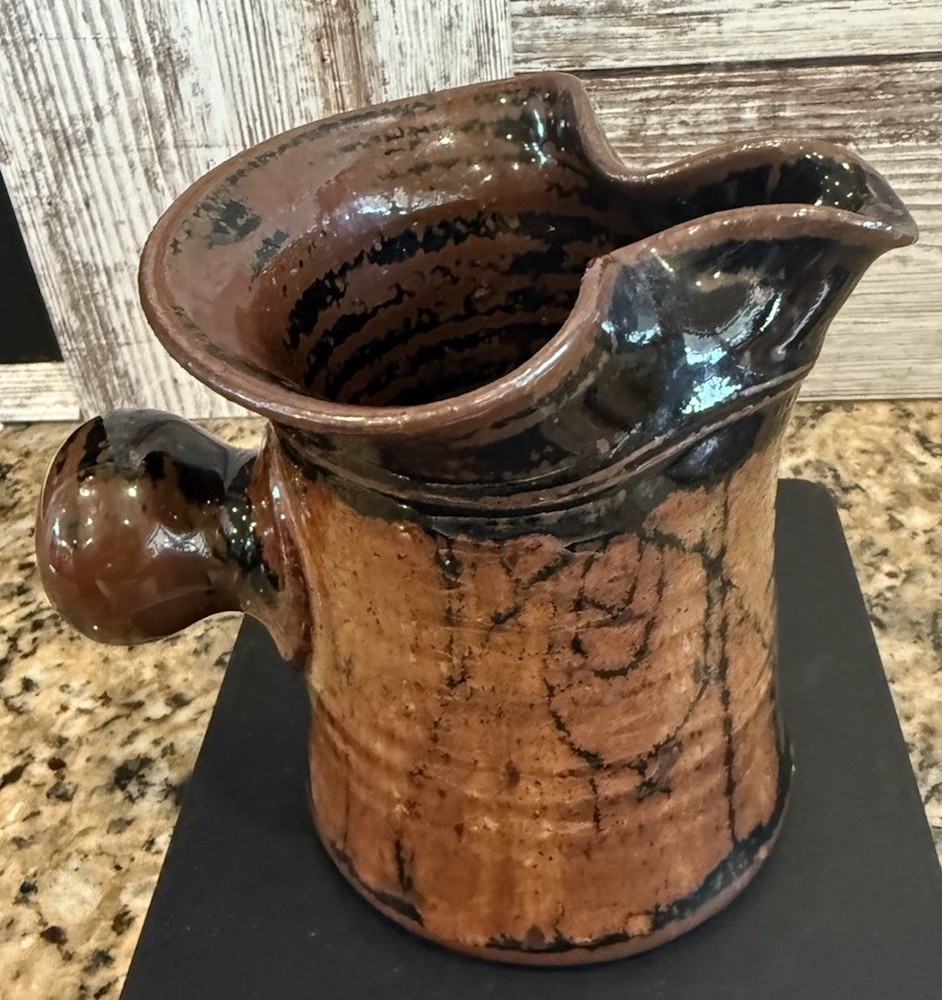 Handmade Pottery Pitcher, Brown/Rust  Glaze, Knob Handle, Signed Rustic