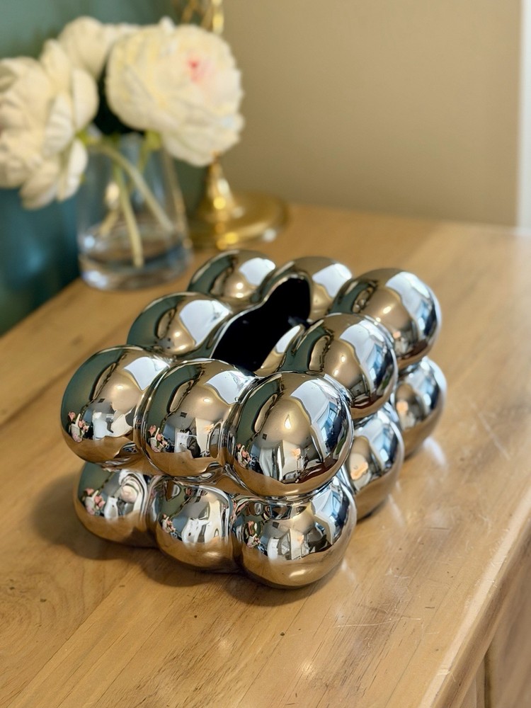 Chrome Bubble Tissue Box Cover Sculptural Silver Modern Decor