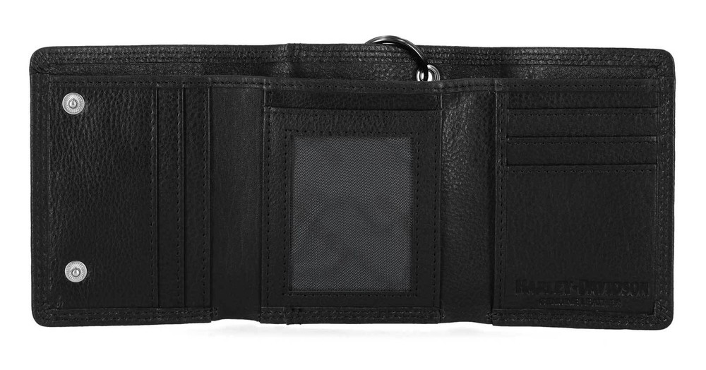 Harley-Davidson Men's Embossed Eagle Tri-Fold Snap Chain RFID Wallet, Black