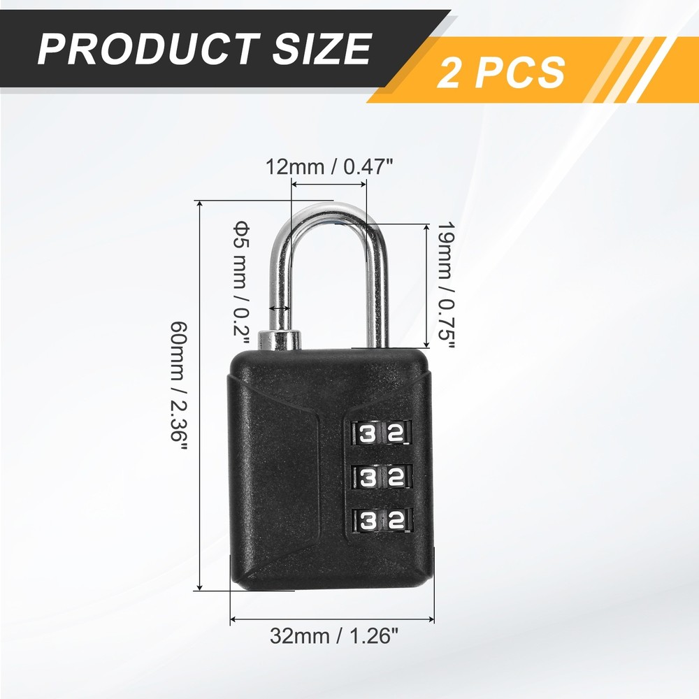 2pcs Resettable 3 Digit Plastic Combination Padlock, Black (60 x 32mm)