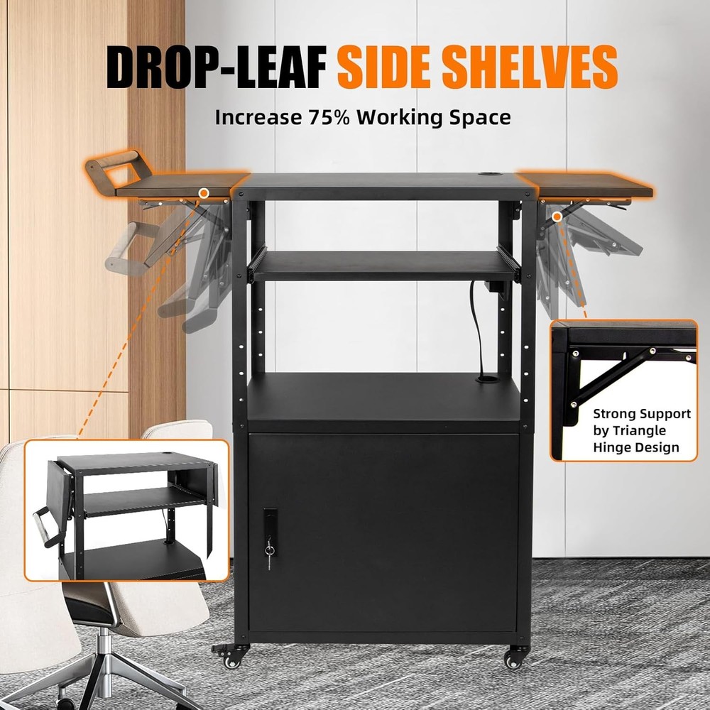 Rolling Computer Cart with Locking Cabinet Drop Leaves