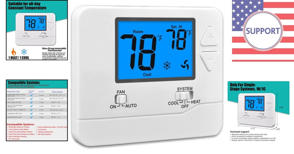 Deluxe Non-Programmable Thermostat for Single-Stage Heating & Cooling Systems