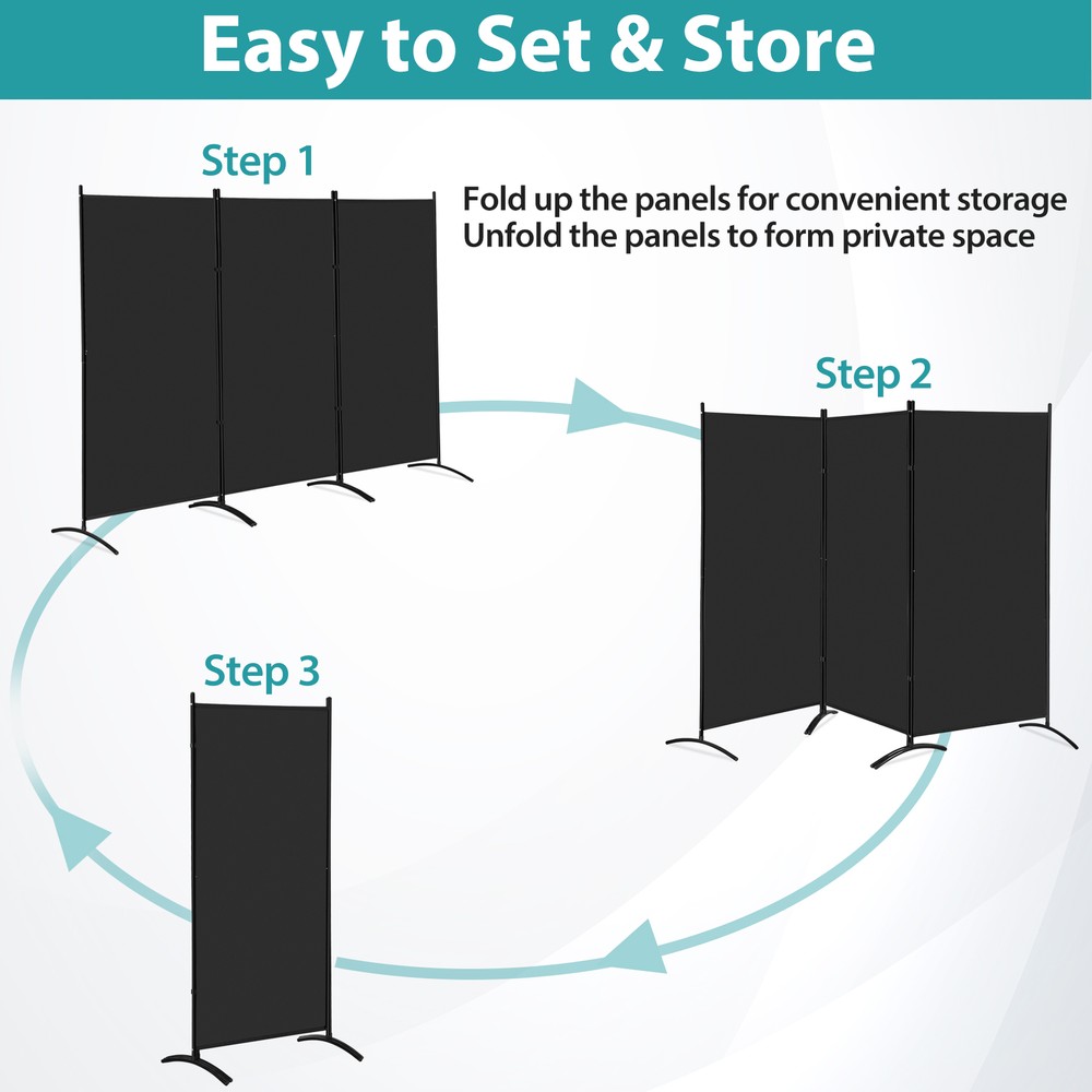 3 Panel Rolling Room Divider Folding Wall Divider for Office Restaurant Black