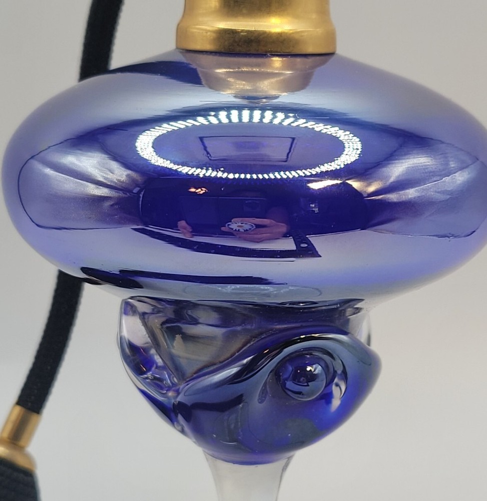 Handblown Iridescent Blue Glass Footed Perfume Atomizer • Refillable • 7"H