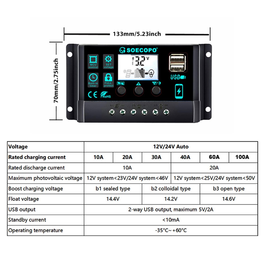Solar Panel Kit 10A-100A Controller 12-18V Battery Charger Dual USB Caravan
