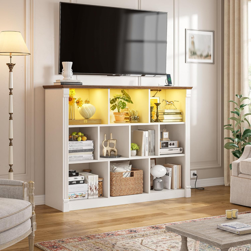 10 Cube Storage Organizer with LED Light and Charging Station, Wood Cube Storage