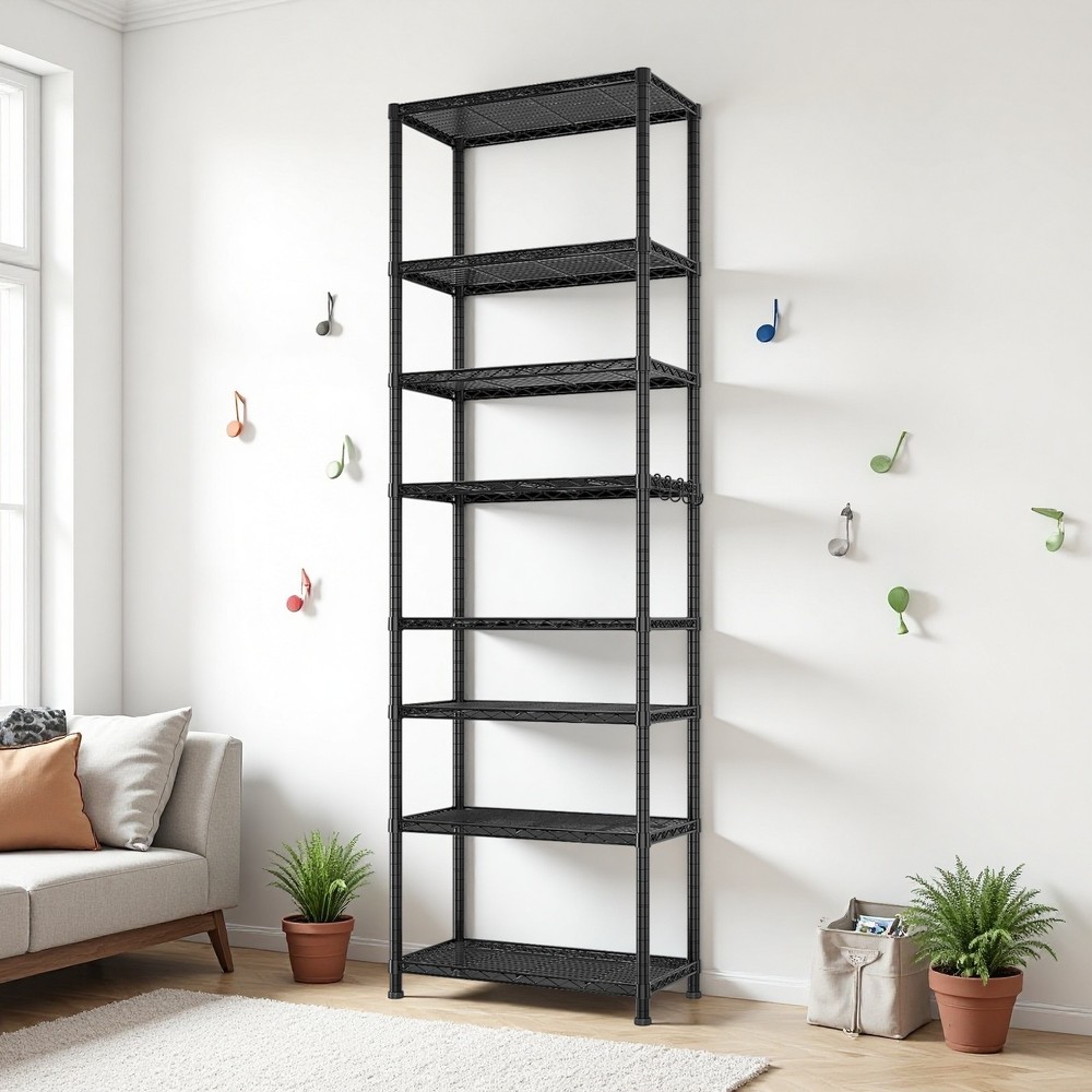 8-Tier Wire Shelving Unit - Heavy Duty, Adjustable, Hooks, Modular & Black