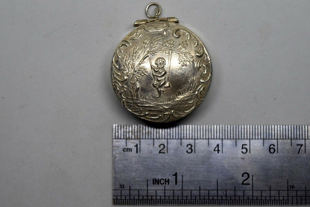 Antique Sterling Silver Cherub Pill Box Case Pendant