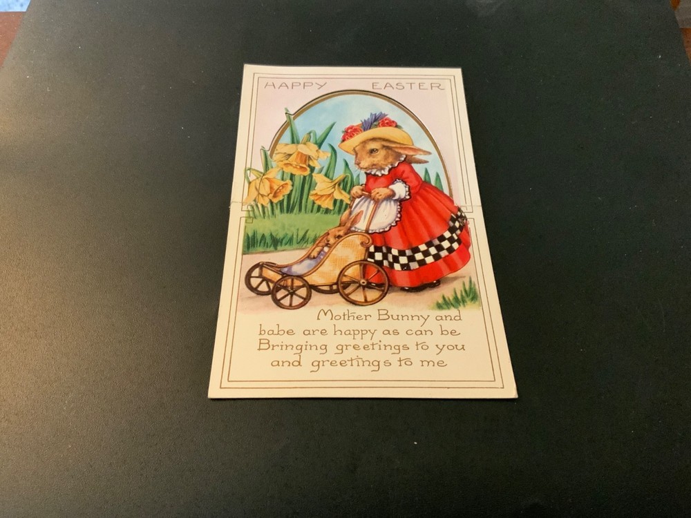 Happy Easter ~ Anthropomorphic Mother Bunny Pushing Stroller - Gilded Postcard