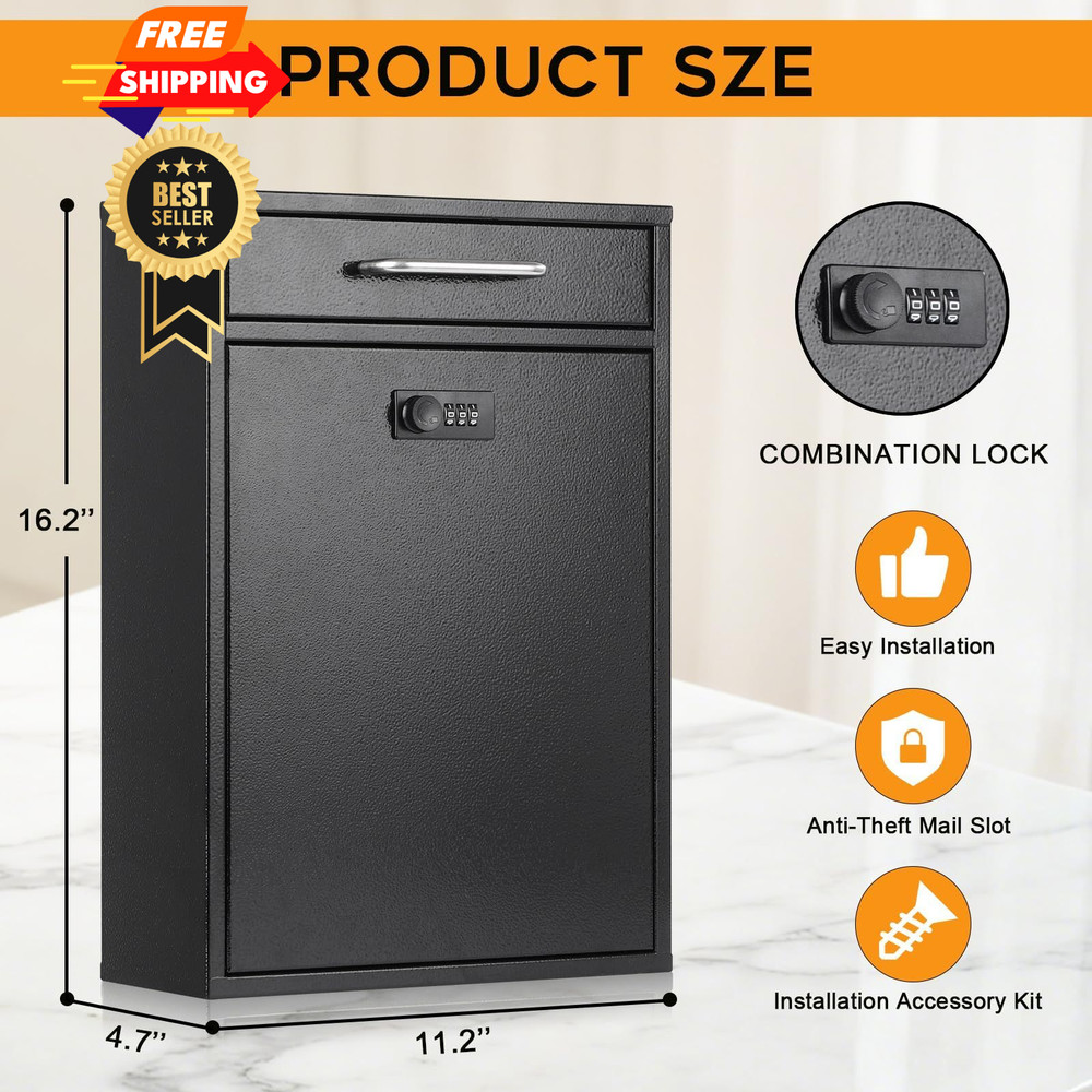 xydled Wall Mount Mailboxes with Combination XL Large, Black Lock