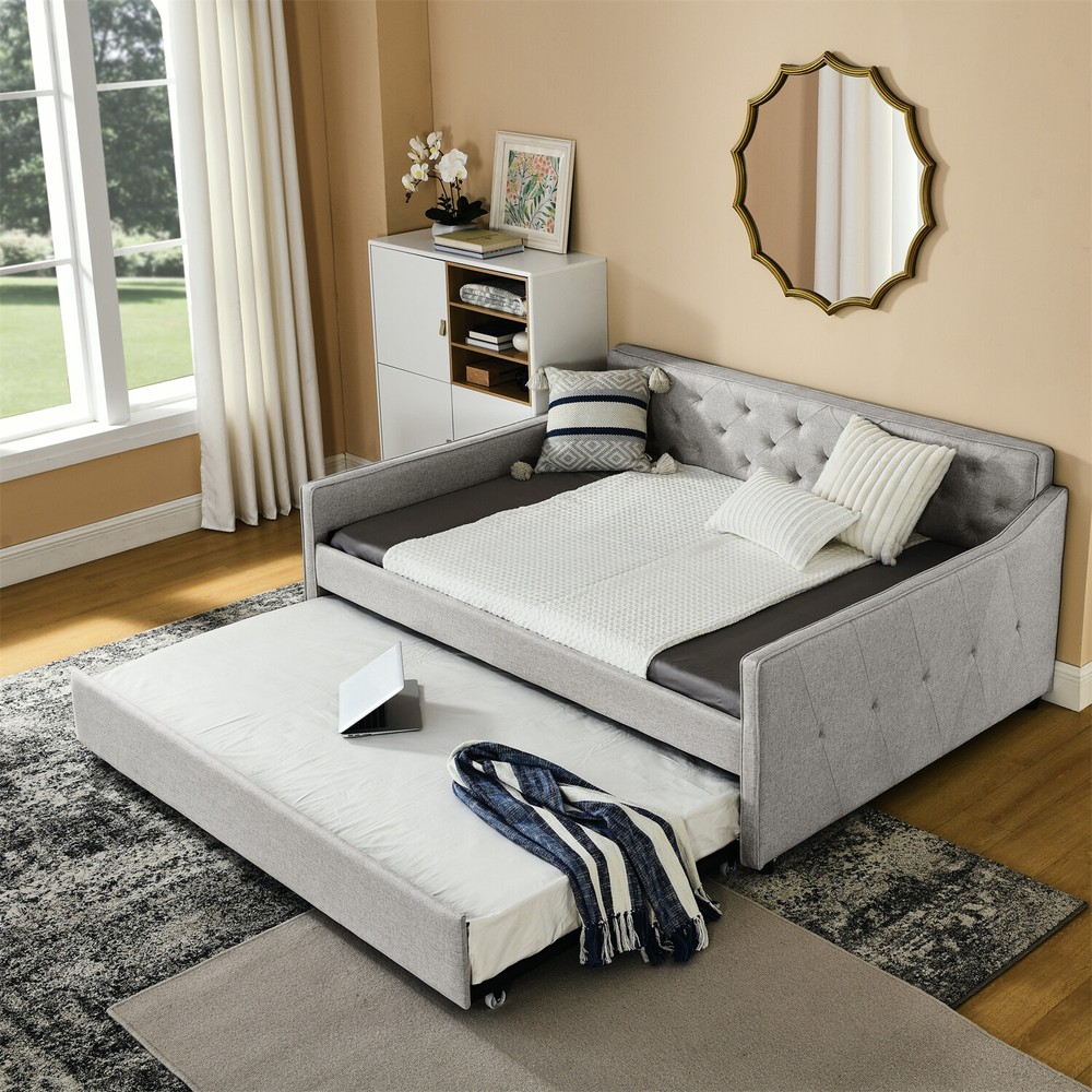 Full Size Daybed w/ Pull-Out Trundle Bed Linen Upholstered Bed Frame Sofa Bed US