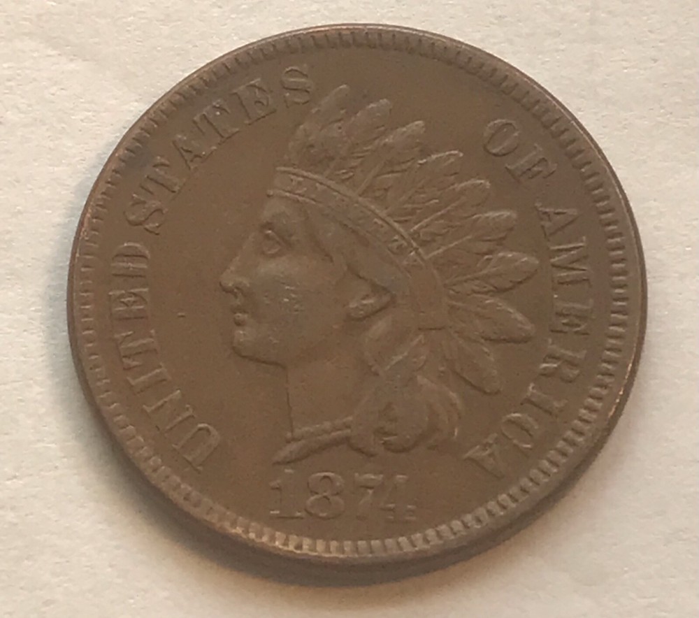 1874 Indian head cent, XF , Extra fine