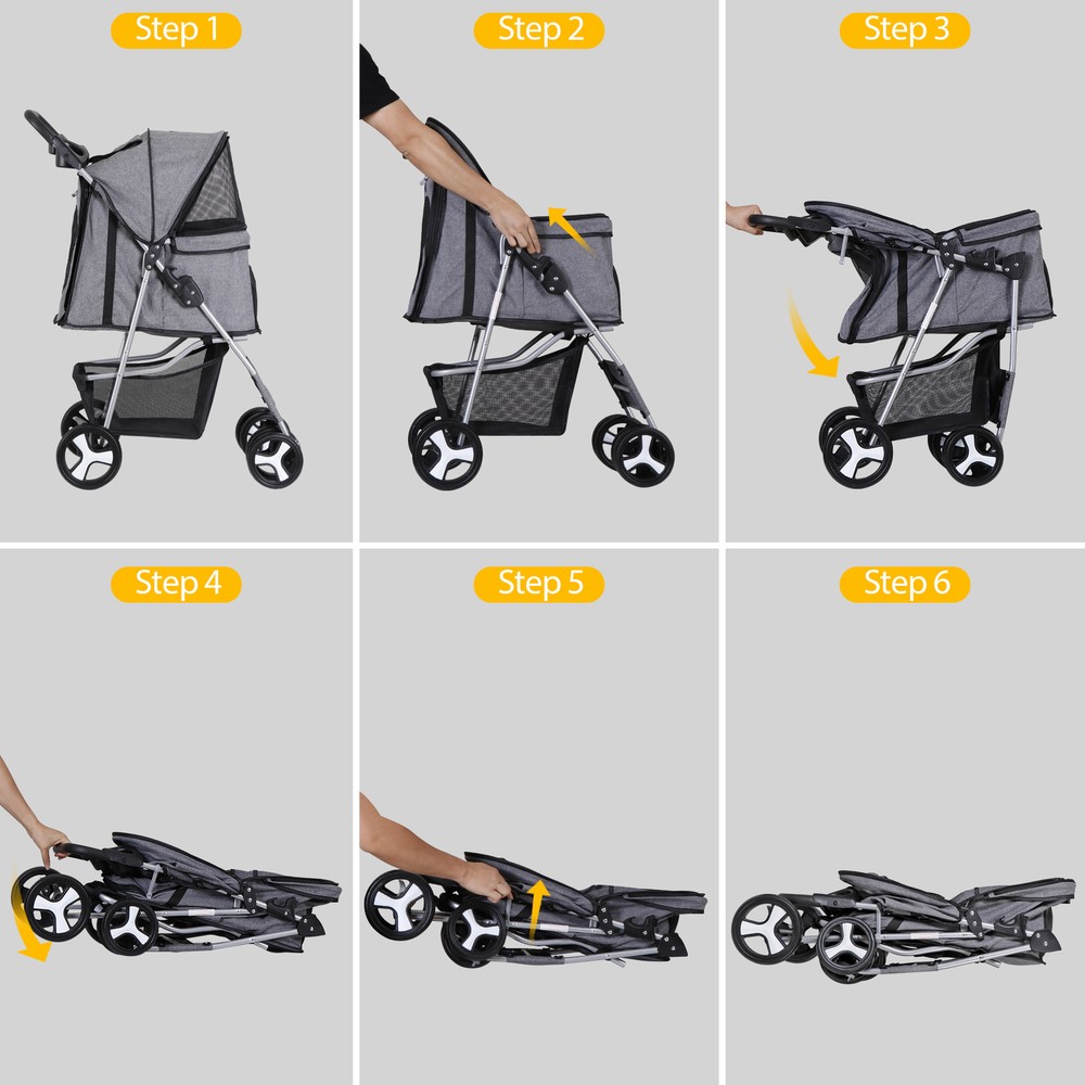 Pet Stroller 4 Wheels Cat Dog Stroller with Cup Holder, Breathable Mesh Grey