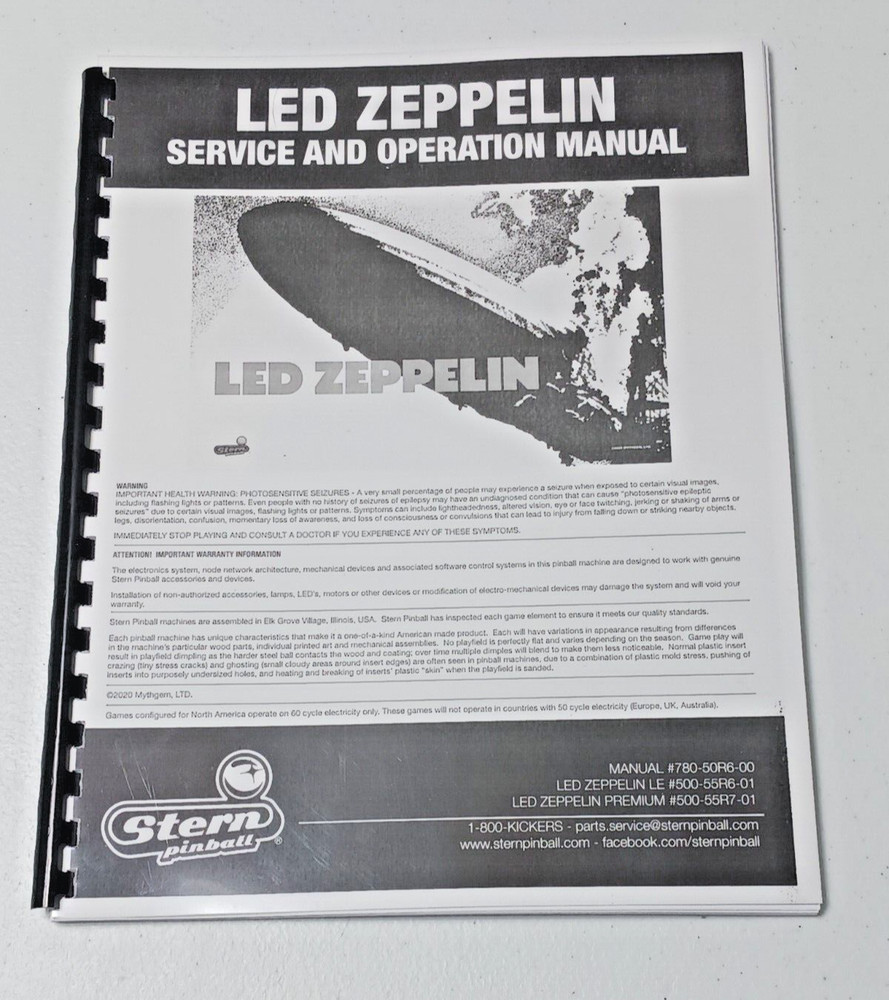 LED ZEPPELIN, LE/PREMIUM, STERN, SERVICE AND OPERATION MANUAL