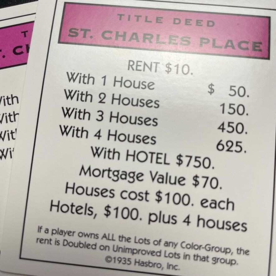 Monopoly Classic St Charles Place Property Title Deed Card Replacement u