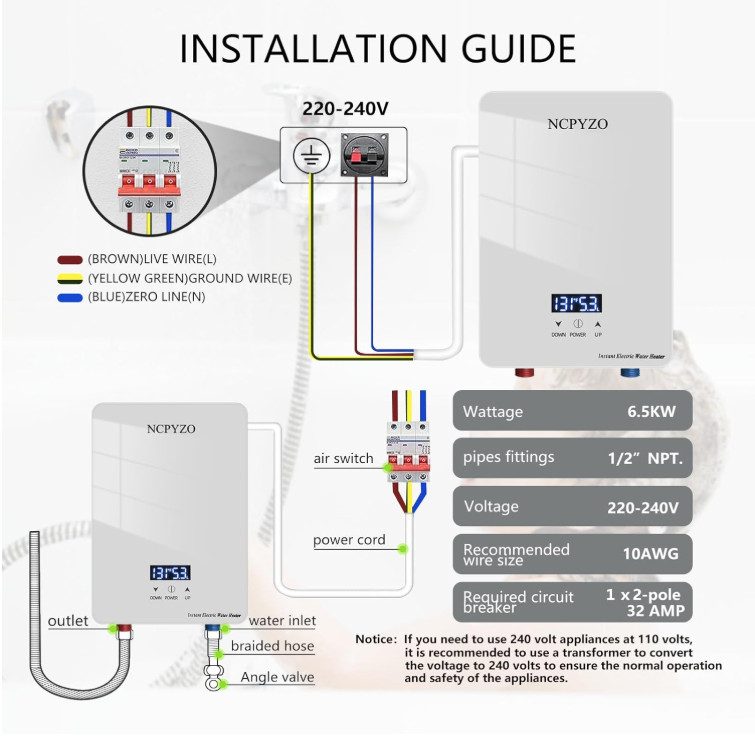 Tankless Water Heater Electric Whole House ECO Instant Hot On Demand 220/240v