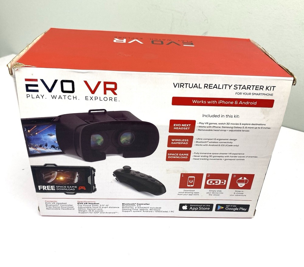 EVO Virtual Reality Smartphone VR Headset Starter Kit 360 Degrees Bluetooth