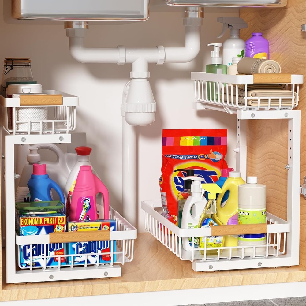 Under Sink Organizer 2 Pack 2 Tier Slide Out Large Capacity Height Adjustable