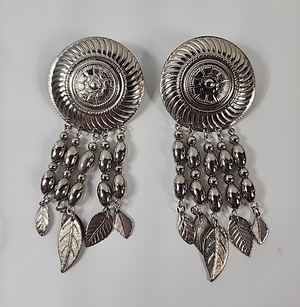 Concho Post Earrings w/Articulating Silver Feathers, 3” Long