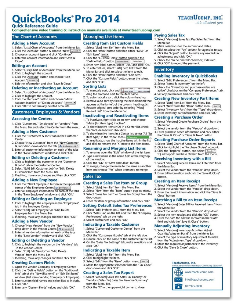 QuickBooks Pro 2014 Training Guide Quick Reference Card 4 Page Cheat Sheet
