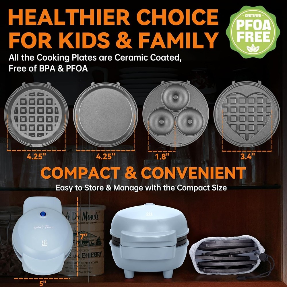 4 in 1 Mini Waffle Maker with Removable Plates, Set Includes Mini Pancake, Do...