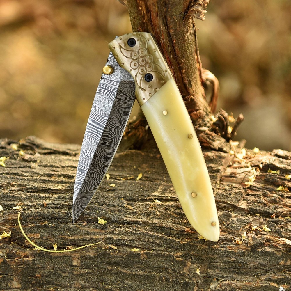 Damascus Steel Folding Dagger Blade Pocket Knife Camel Bone Handle EDC Tool