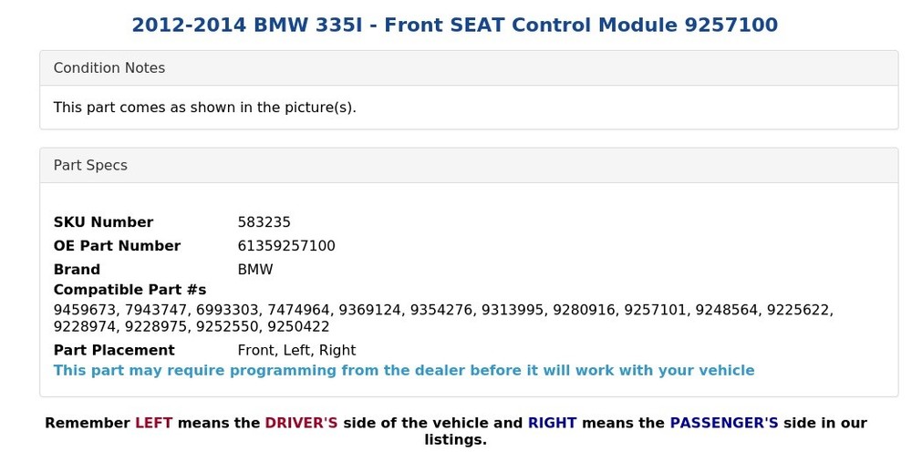 2012-2014 BMW 335I - Front SEAT Control Module 9257100