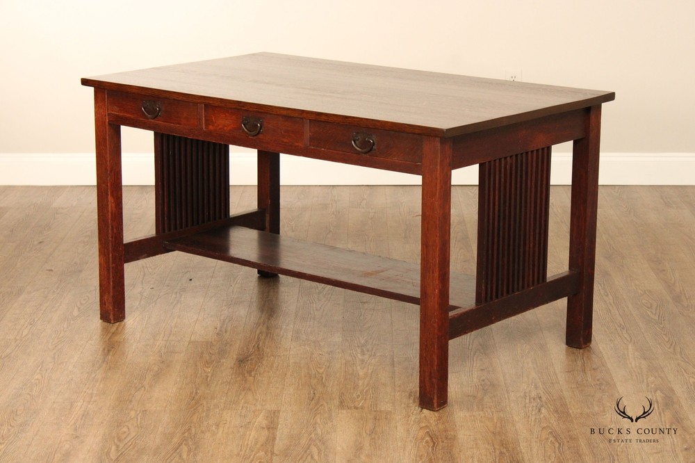 Gustav Stickley Mission Oak Three-Drawer Library Table
