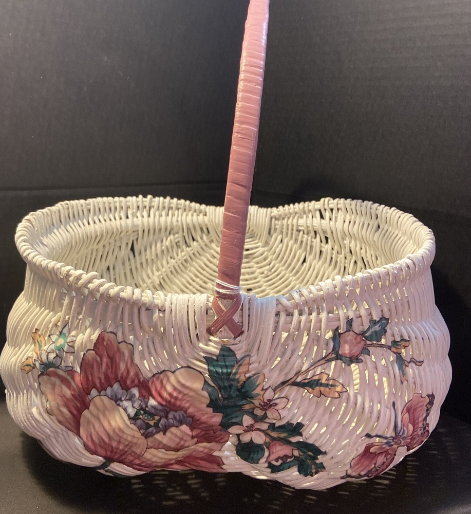 Egg Butt Buttock Basket Hand Painted Decoupage Unique Pastel White Pink 10”x12”