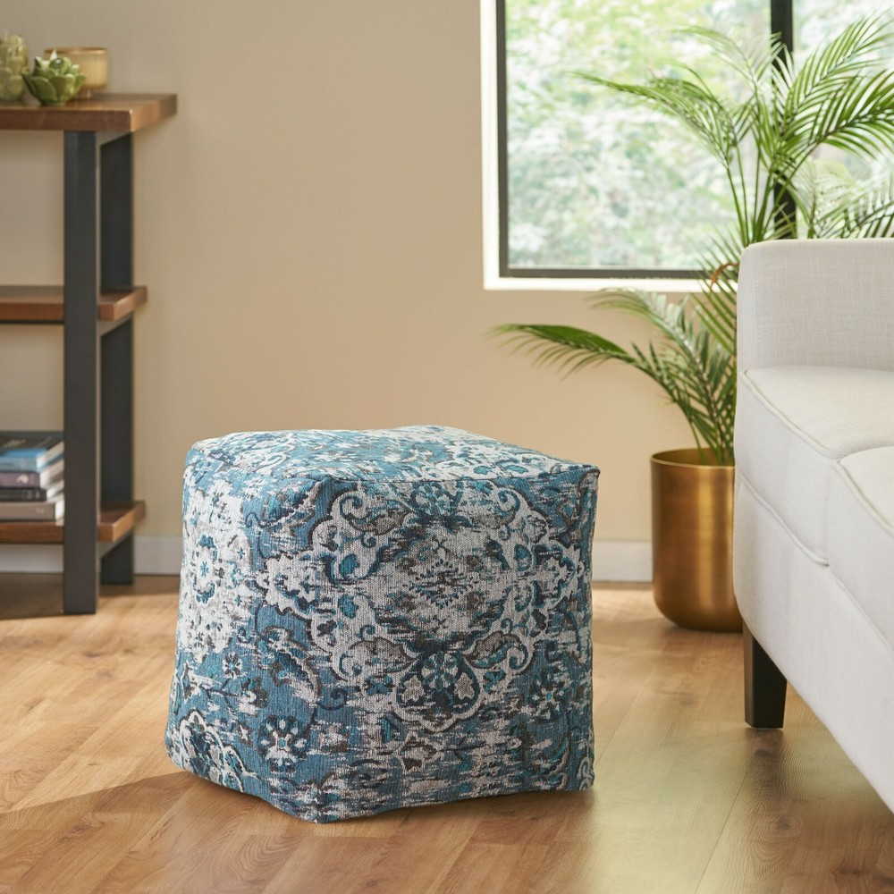 Boho Handmade Fabric Oriental Cube Pouf, Blue