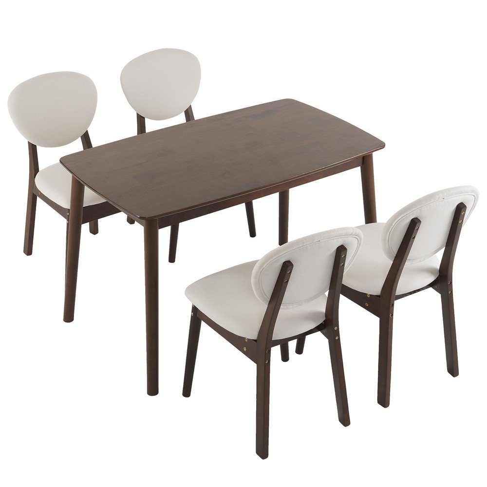 5pc Solid Wood Dining Set Deep Walnut Table & 4 Beige Padded Chairs Space-Saving