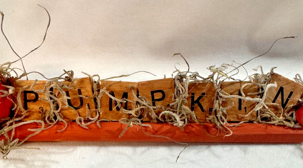Handcrafted Fall Primitive Scrabble Word Decor "Pumpkin" Theme Tray Vignette