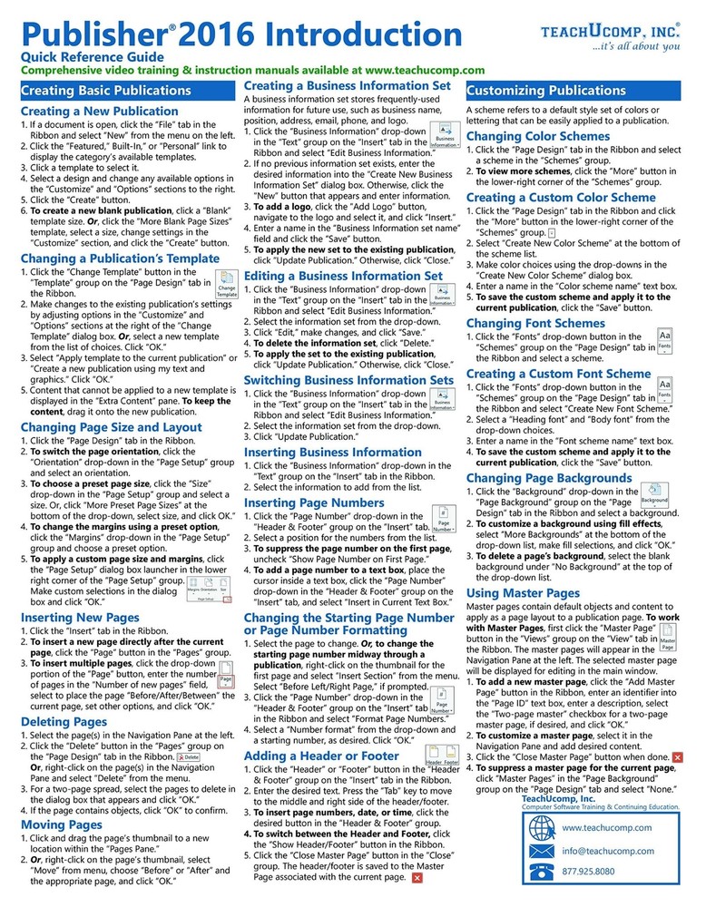 Microsoft Publisher 2016 Training Guide Quick Reference Card 2 Page Cheat Sheet